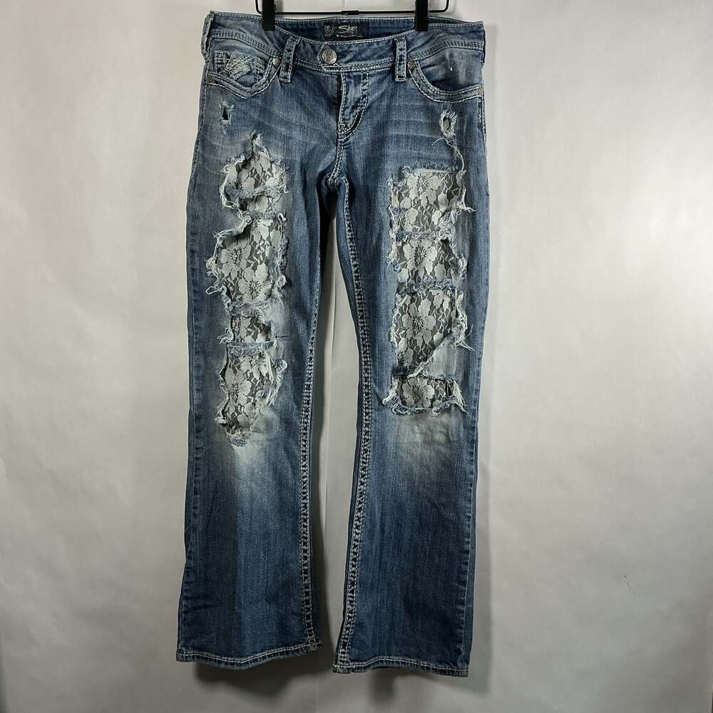 Silver Jeans Co. Tuesday Distressed Lace Inset Bootcut Jeans